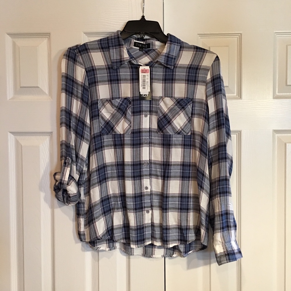NWT TIMING PLAID Shirt size L blue white & black